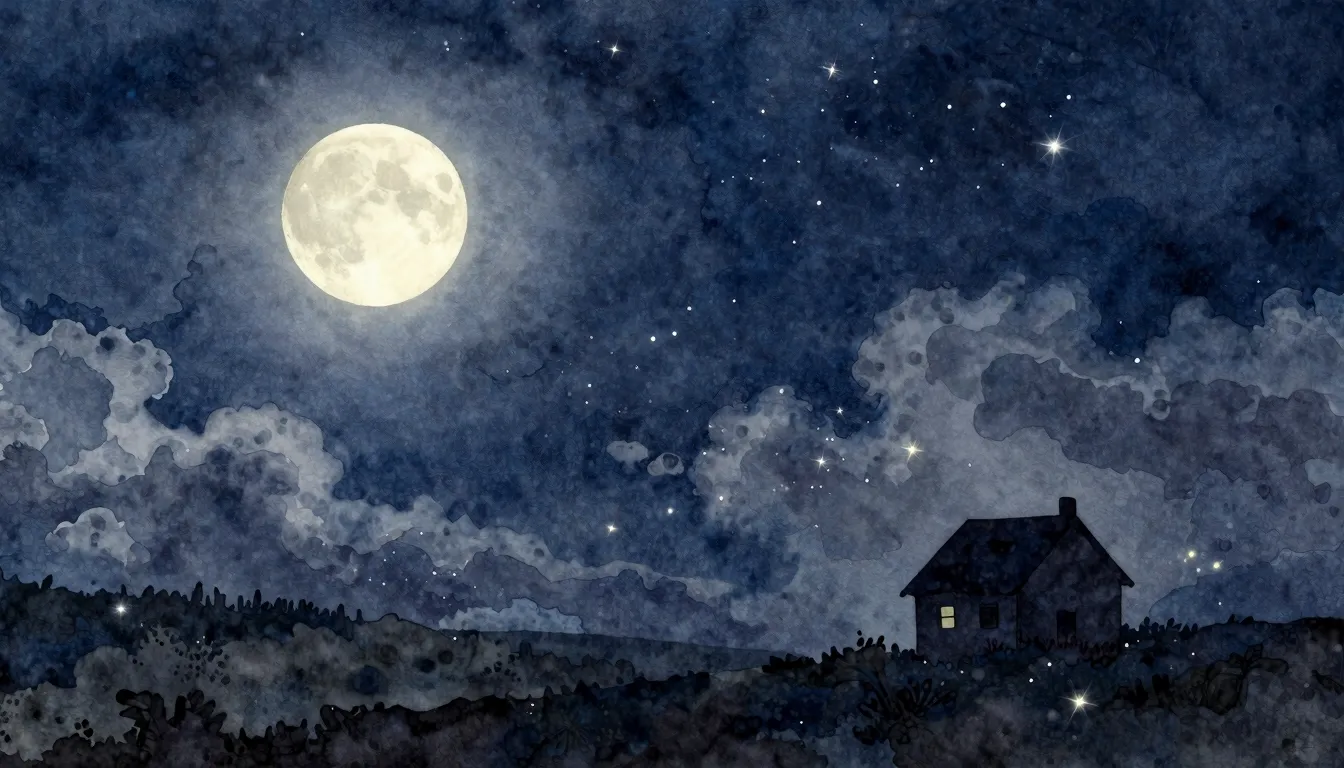 Watercolor style. A peaceful night landscape, a glowing moon...