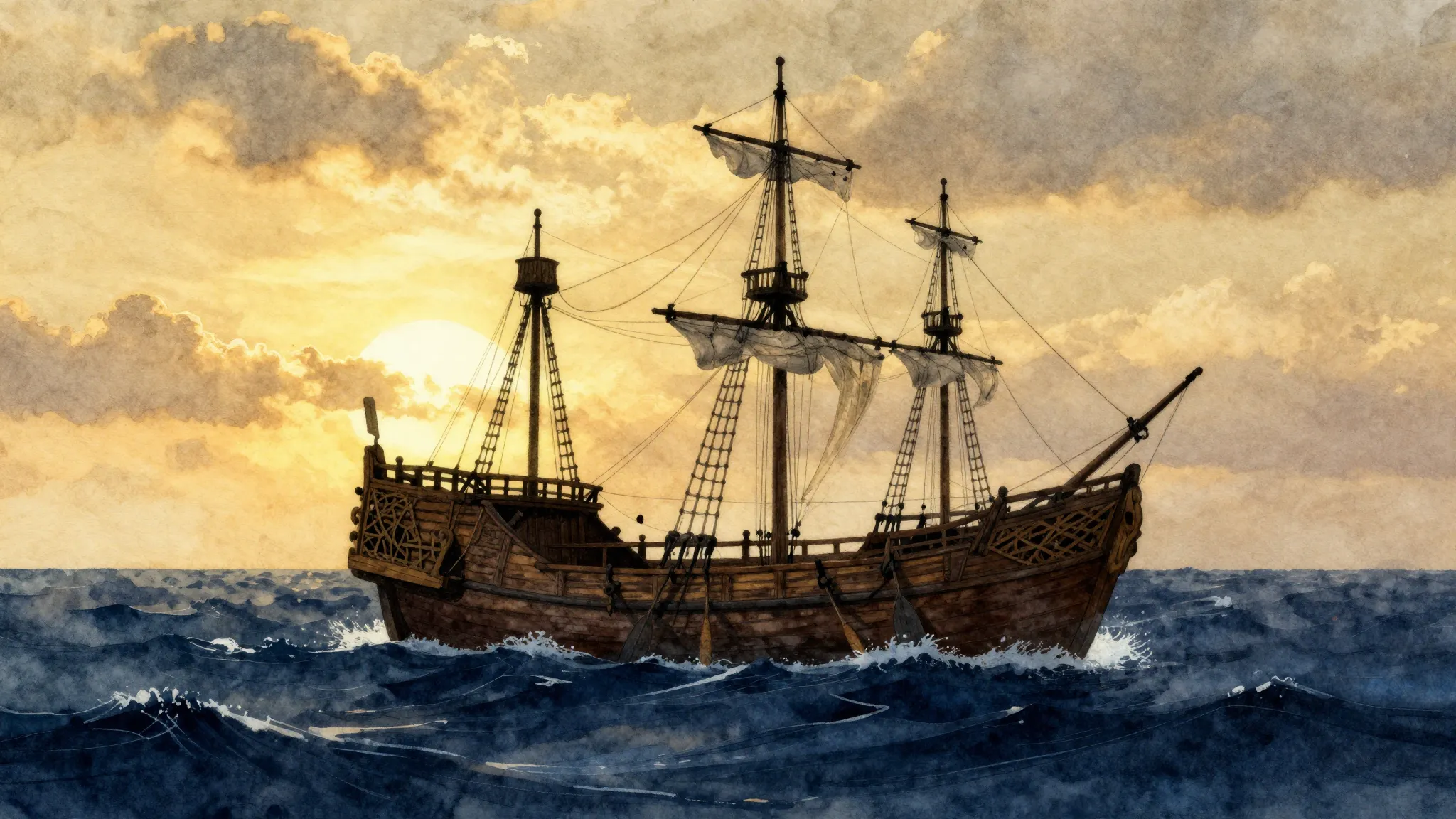 Watercolor style. A silhouette of an ancient wooden ship wit...