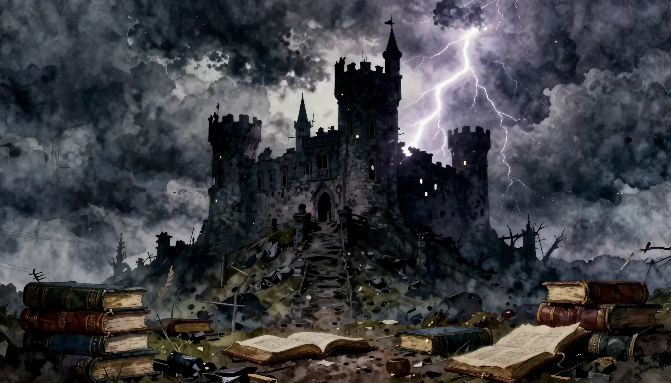 Watercolor style. Dark ruined castle silhouette on a hill, s...