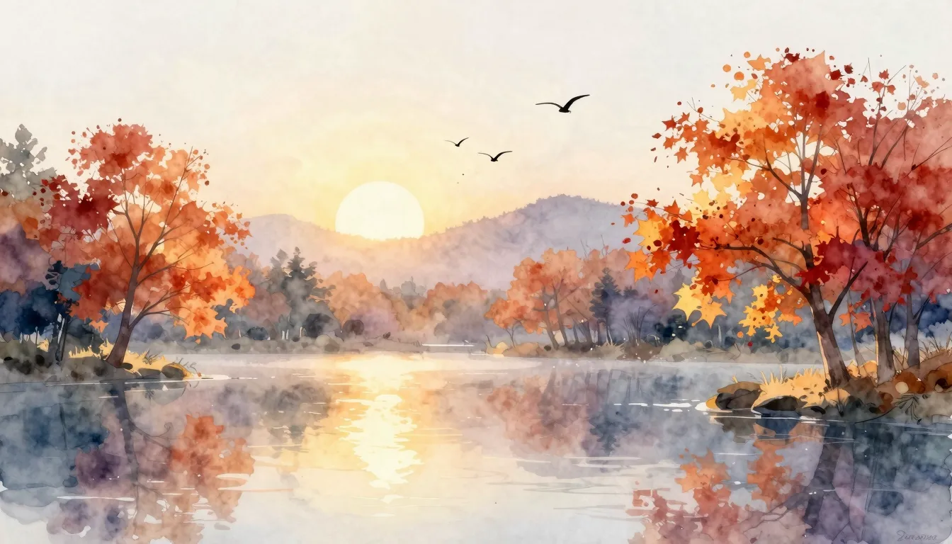 Watercolor style. A gentle sunrise over a calm lake, golden ...