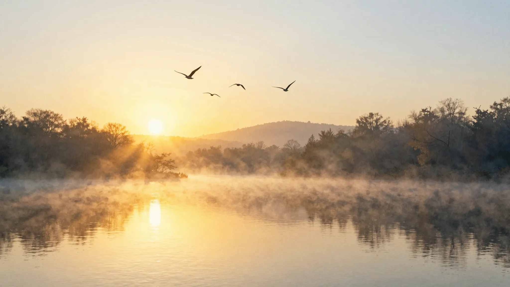 Watercolor style. A warm sunrise over a peaceful landscape, ...