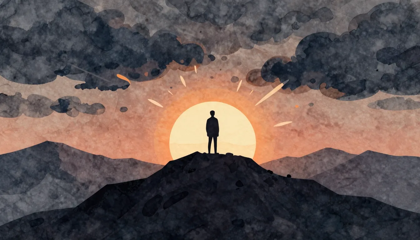 Watercolor style. A silhouette of a person standing on a mou...