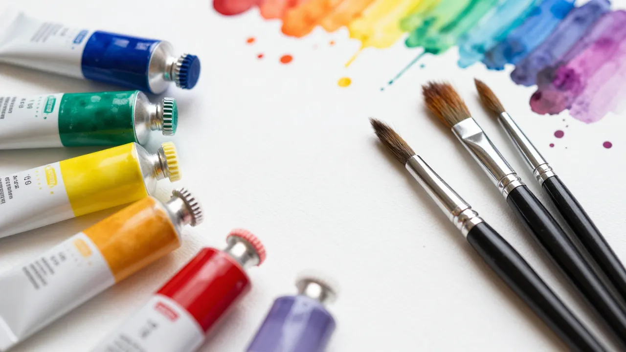 Watercolor style. Close-up of bright acrylic paint tubes, a ...