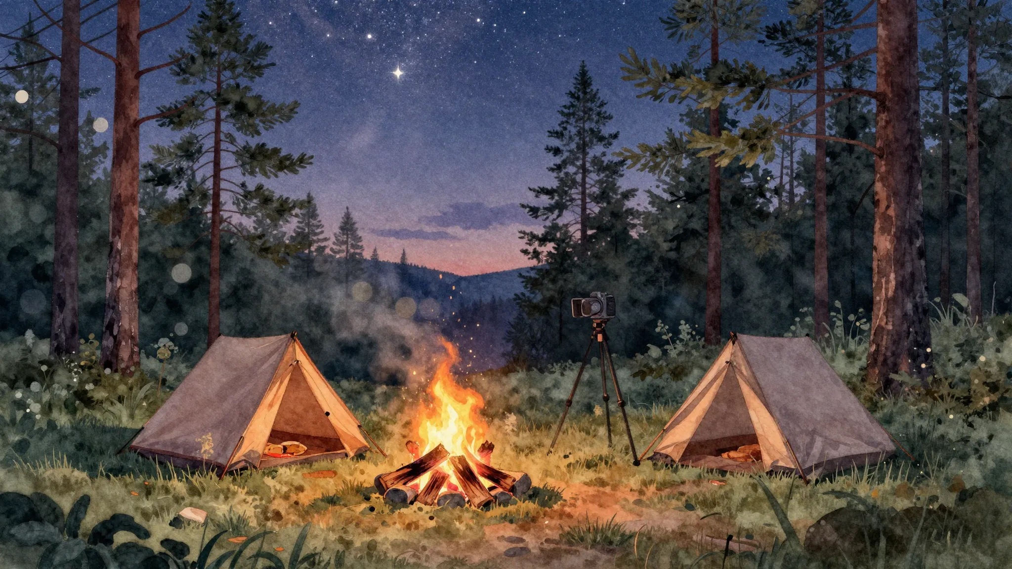 Watercolor style. A cozy campfire in a pine forest at twilig...