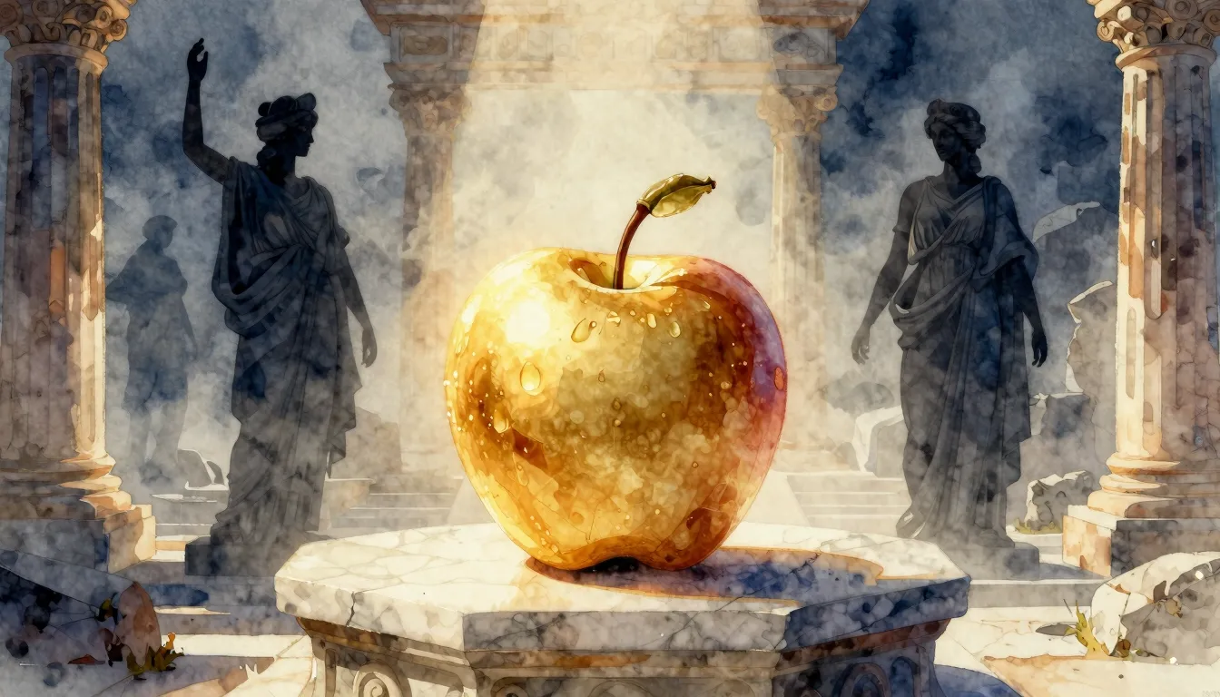 Watercolor style. A golden apple glowing on a marble pedesta...