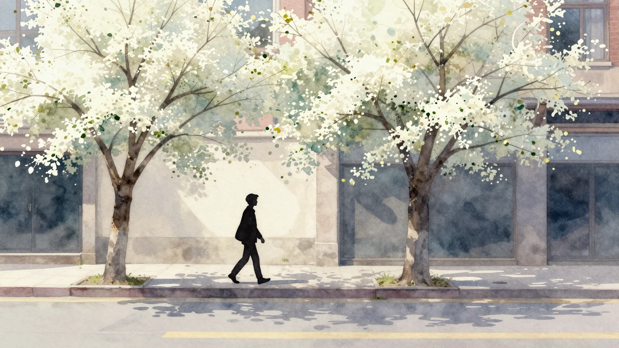 Watercolor style. Silhouette of a person walking along a cit...