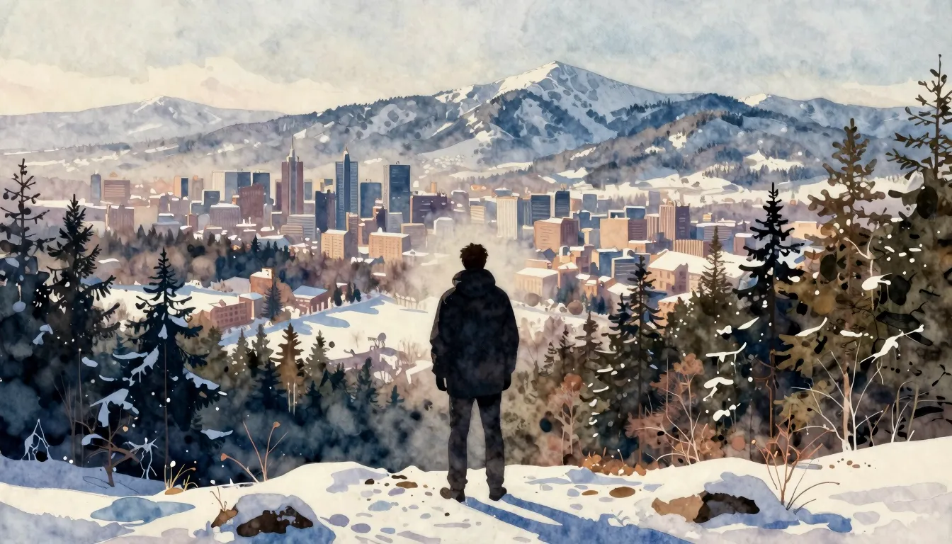 Watercolor style. Silhouette of a person standing on a hill ...