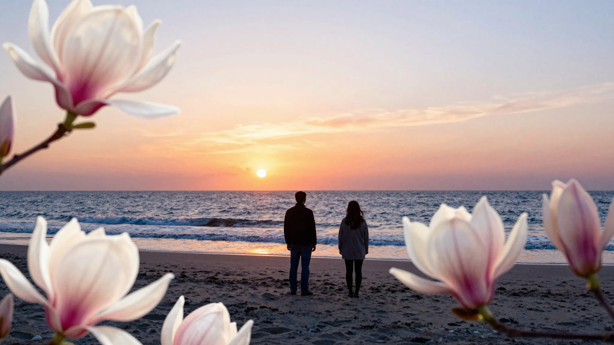 Watercolor style. Silhouette of two figures on a beach at su...