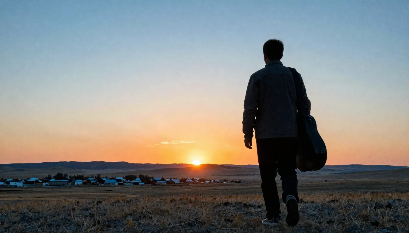 Watercolor style. A silhouette of a man with a guitar case w...