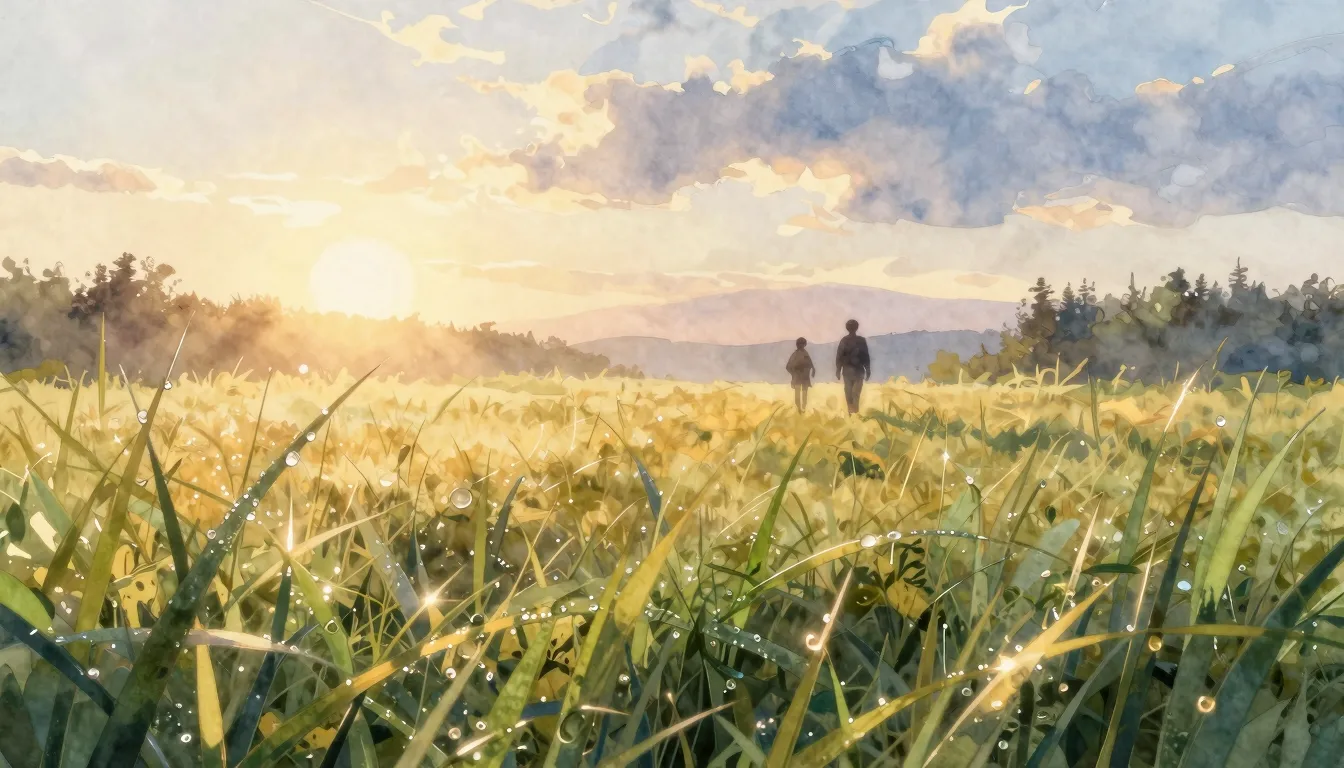 Watercolor style. A golden morning landscape with dew drops ...