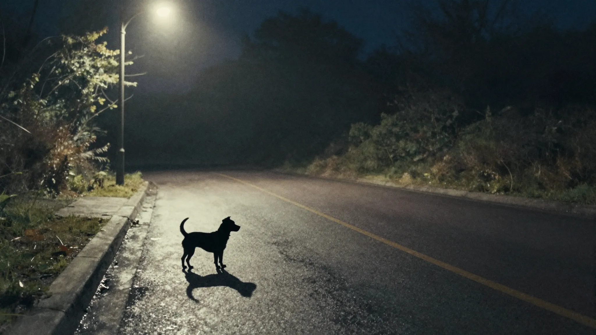 Watercolor style. A lonely silhouette of a small dog on a we...