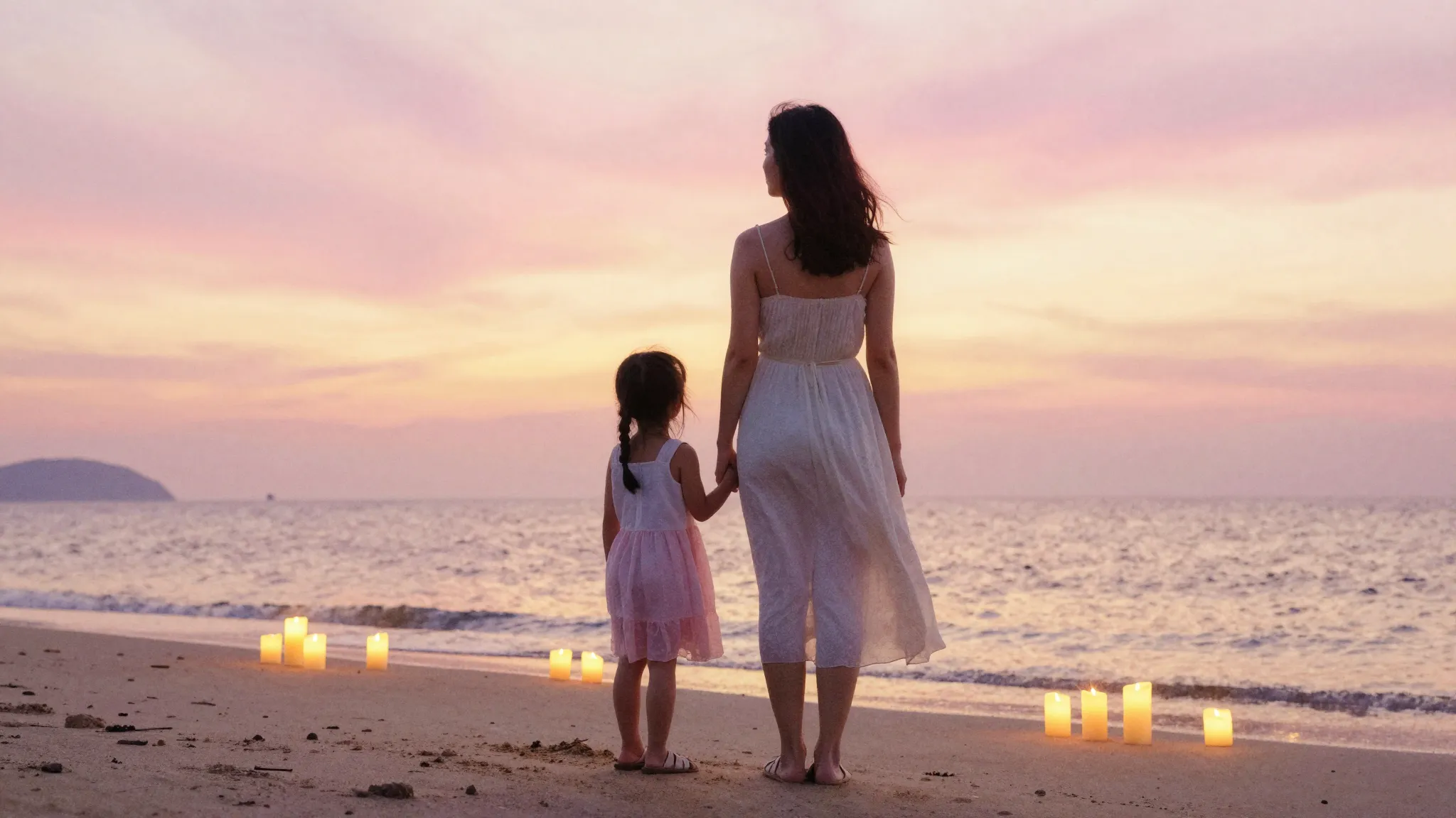 Watercolor style. A silhouette of a mother and daughter stan...