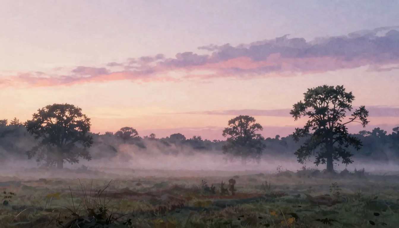 Watercolor style. A beautiful early dawn over a quiet landsc...