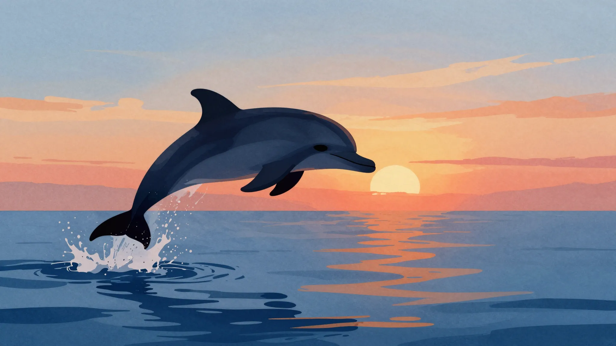 Watercolor style. A silhouette of a dolphin leaping from a c...