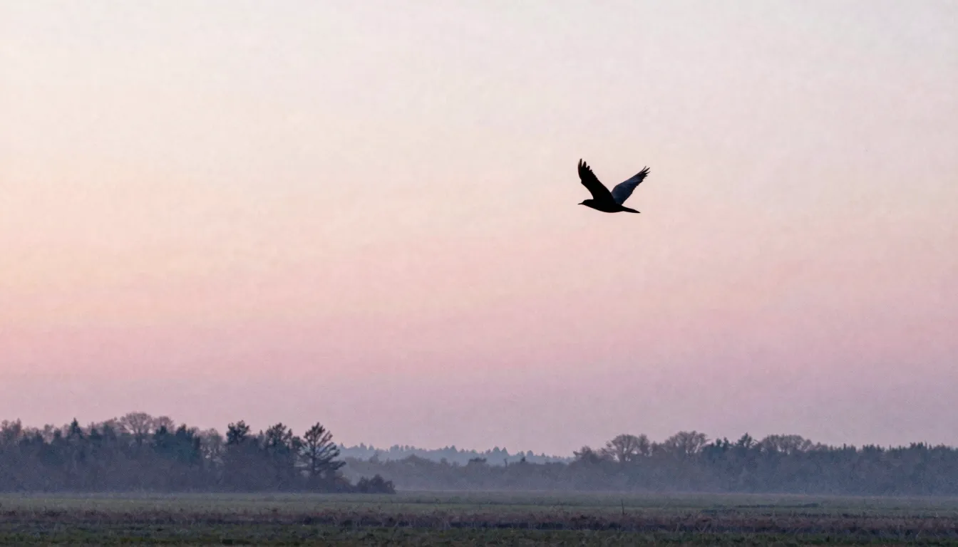 Watercolor style. Gentle pastel dawn sky over a quiet landsc...