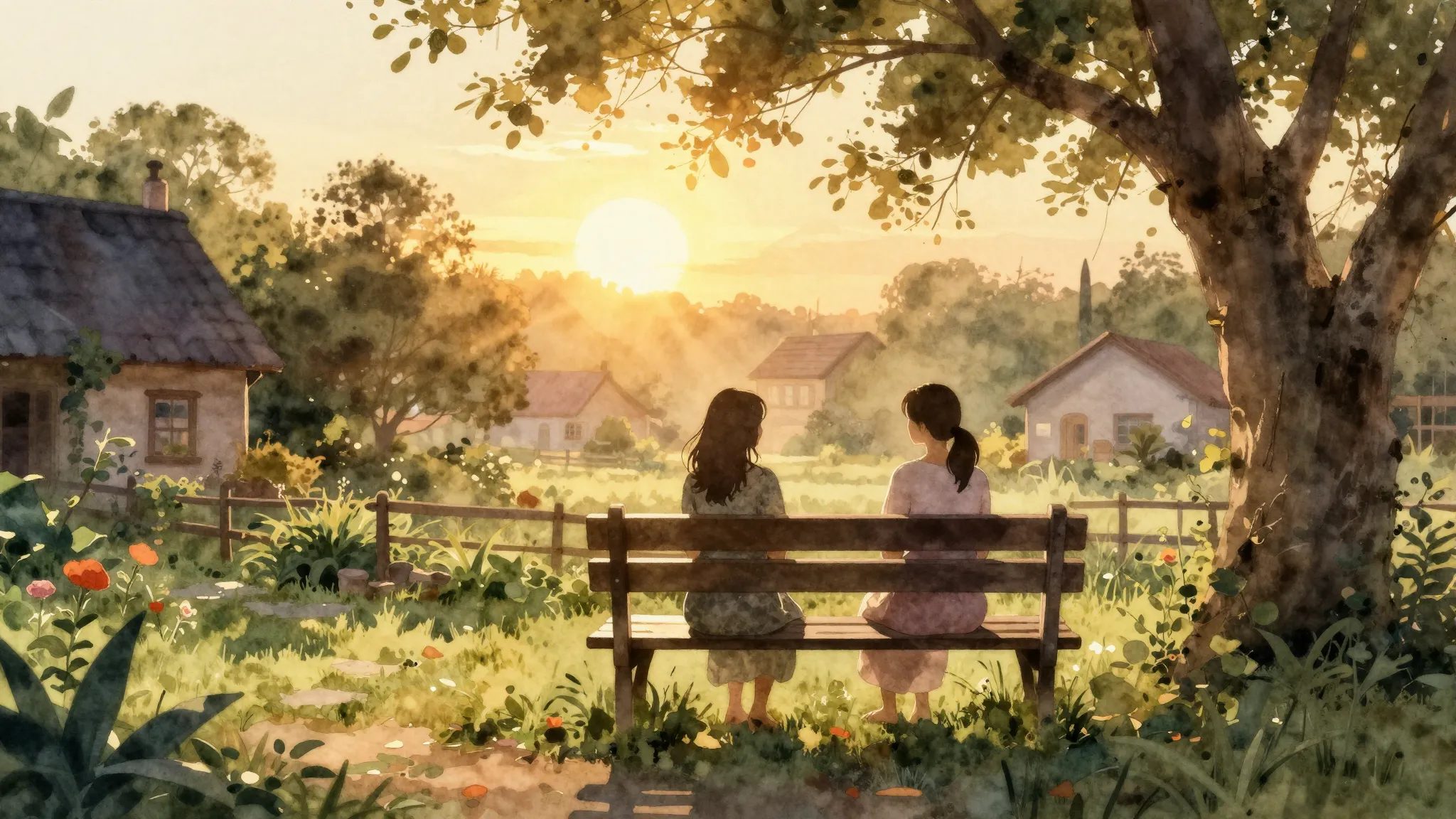 Watercolor style. Silhouette of two female figures sitting o...