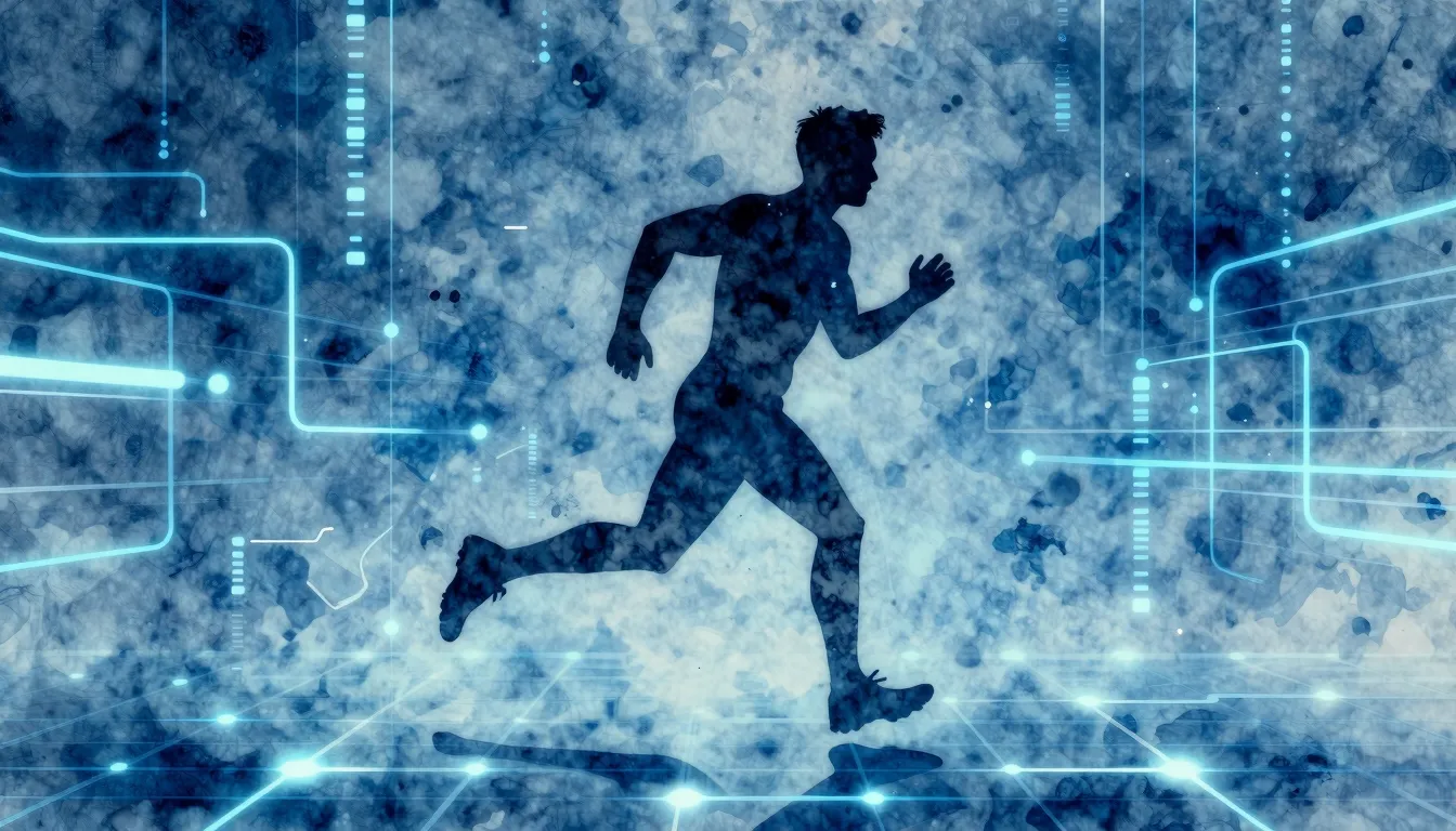 Watercolor style. A minimalist silhouette of a man running t...