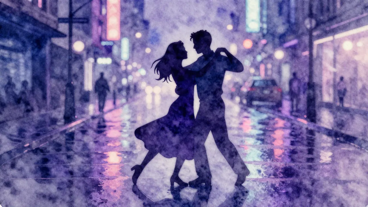 Watercolor style. Silhouette of a couple dancing on a wet ci...
