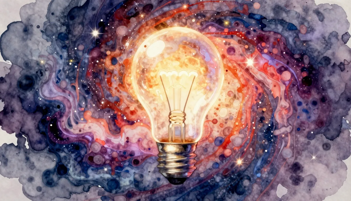 Watercolor style. A glowing stylized lightbulb floating in a...