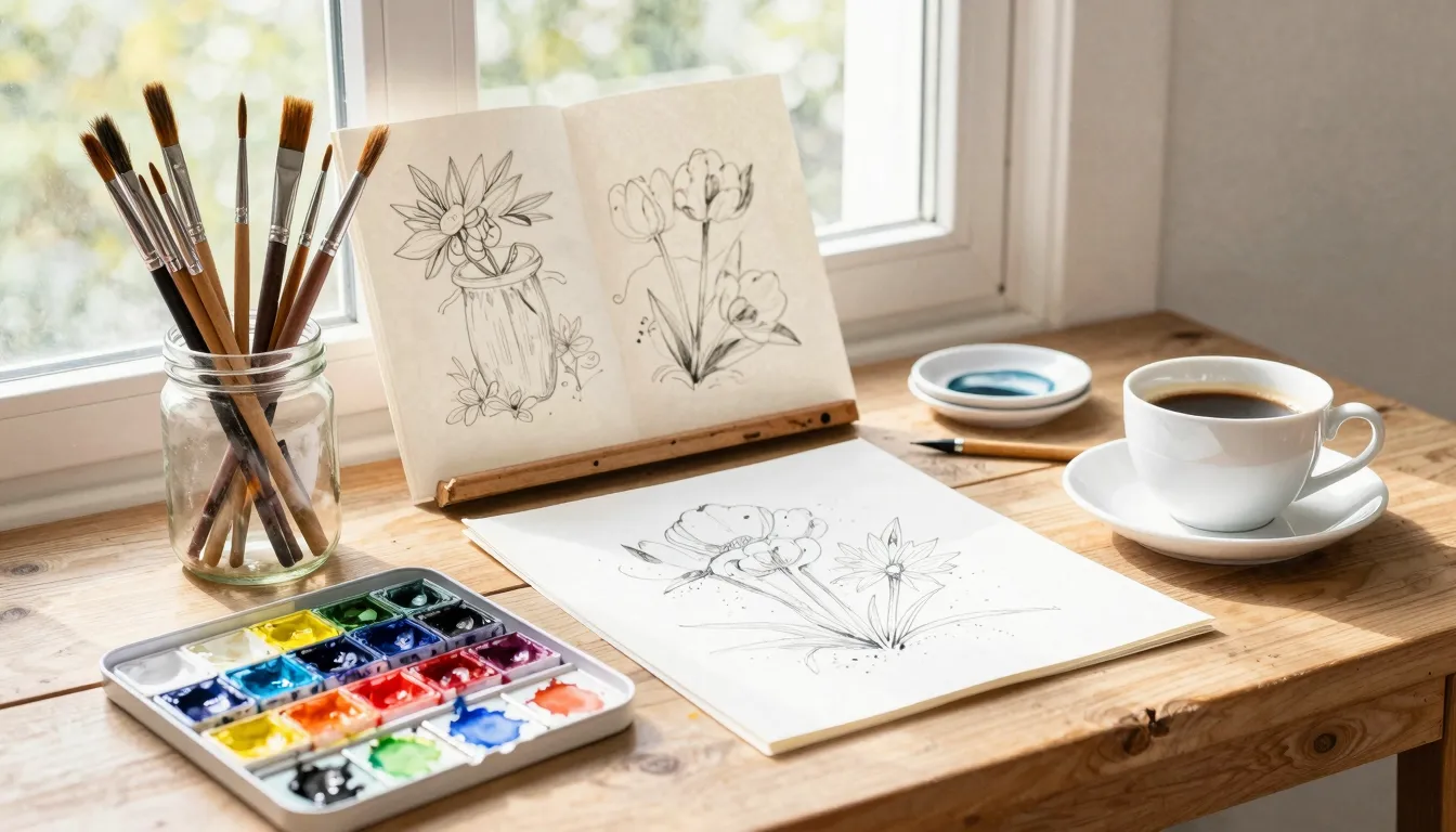 Watercolor style. A creative workshop corner with art suppli...