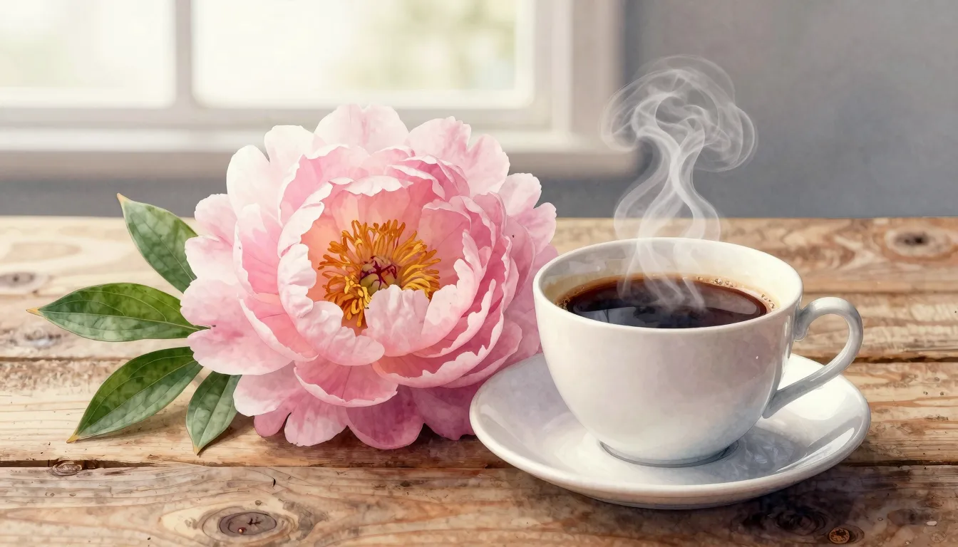 Watercolor style. A delicate pink peony flower leaning towar...