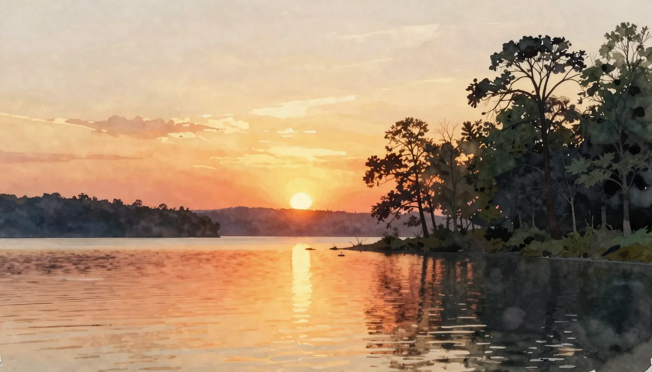 Watercolor style. A beautiful sunset over a calm lake, silho...