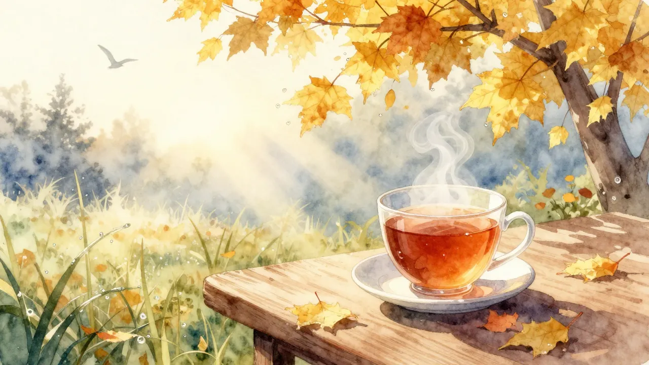 Watercolor style. A cozy autumn morning scene, sunlight shin...