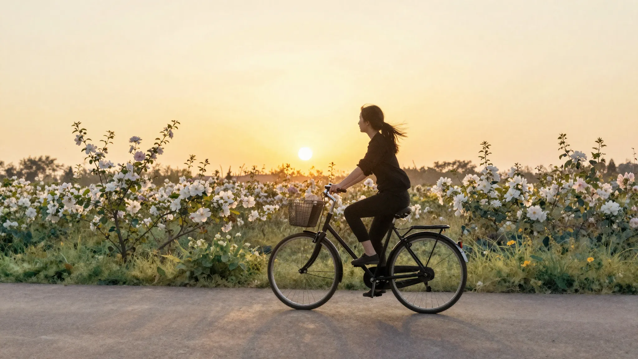 Watercolor style. A silhouette of a woman riding a bicycle a...