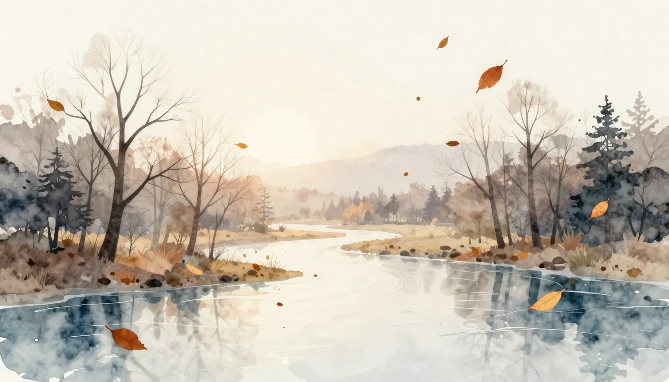 Watercolor style. A serene landscape with falling autumn lea...