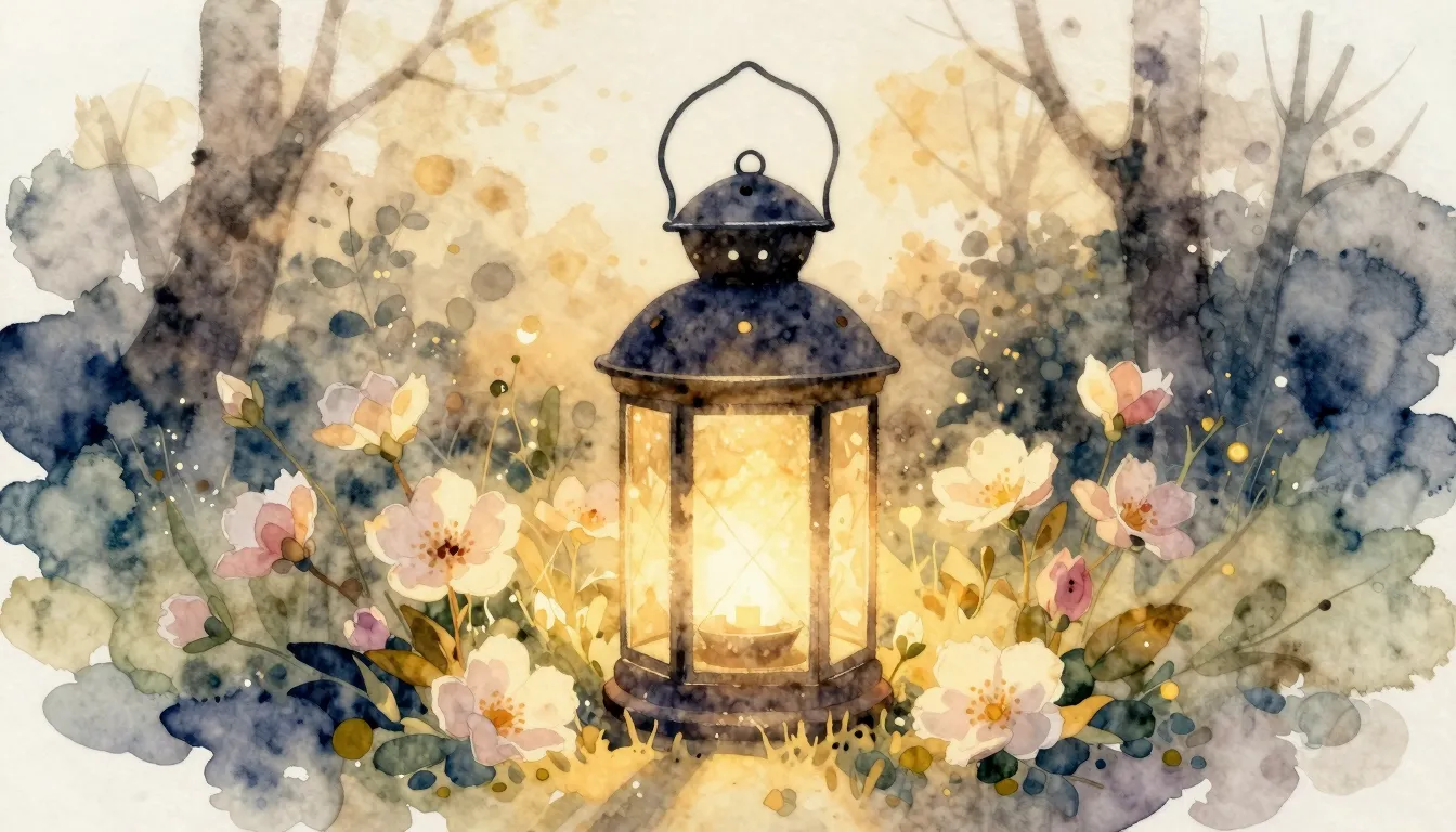 Watercolor style. A warm glowing lantern surrounded by delic...