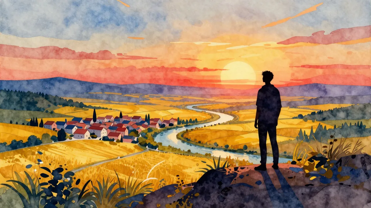 Watercolor style. Silhouette of a person standing on a hill ...