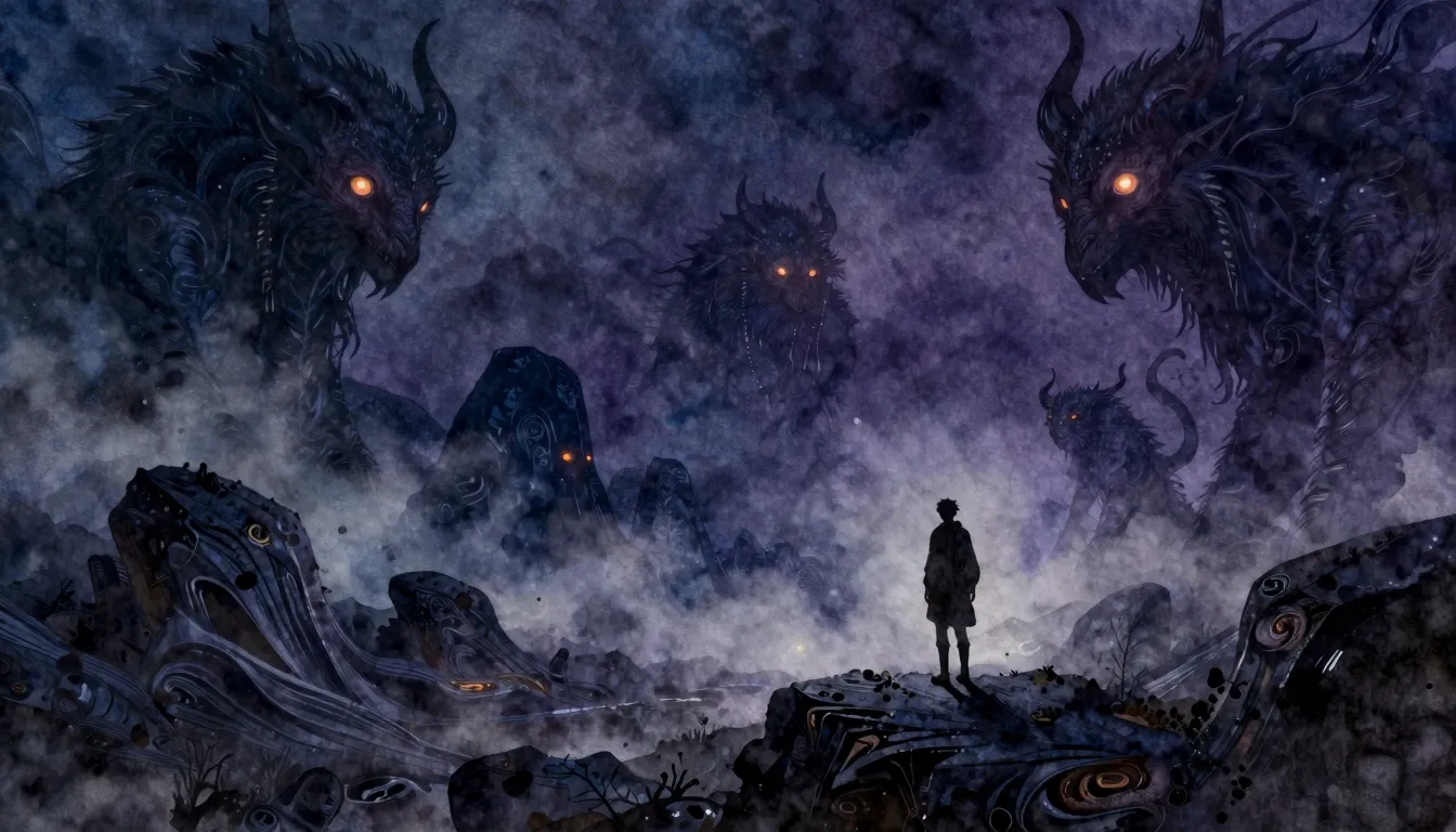 Watercolor style. Dark mystical landscape with swaying rocks...