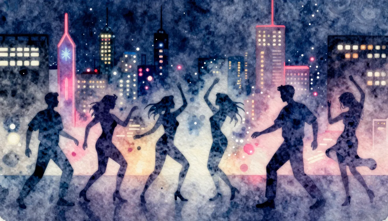 Watercolor style. Neon city lights, abstract silhouettes of ...