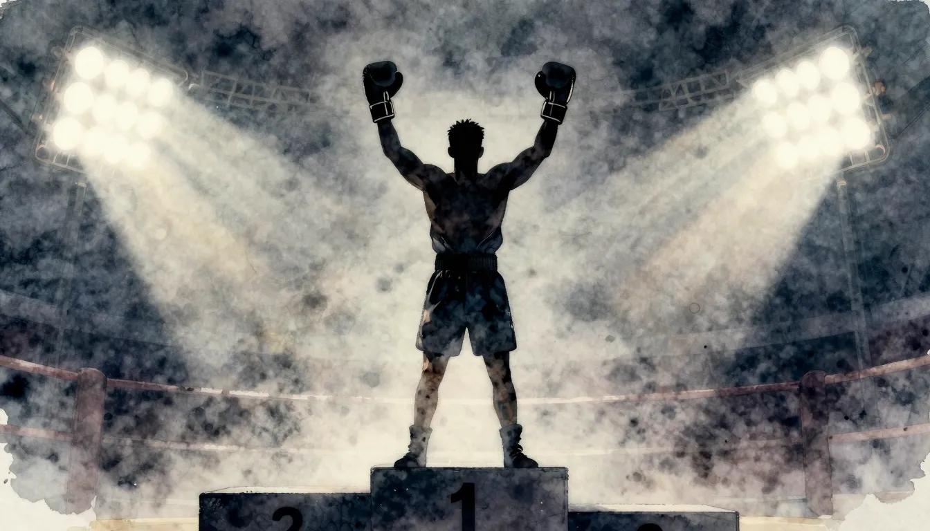 Watercolor style. Dark silhouette of boxing gloves raised in...