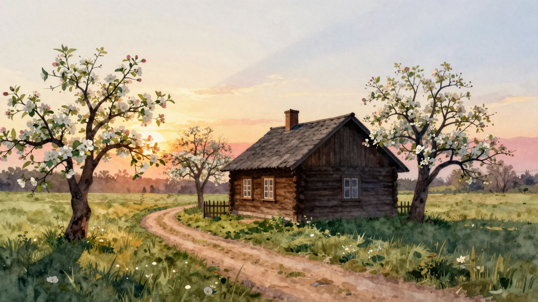 Watercolor style. A silhouette of a cozy small wooden cottag...