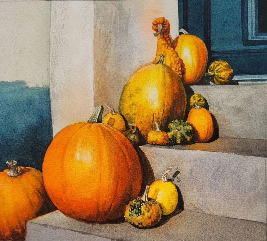 Акварель ученика школы Watermedia: тыквы на каменных ступенях у синей двери