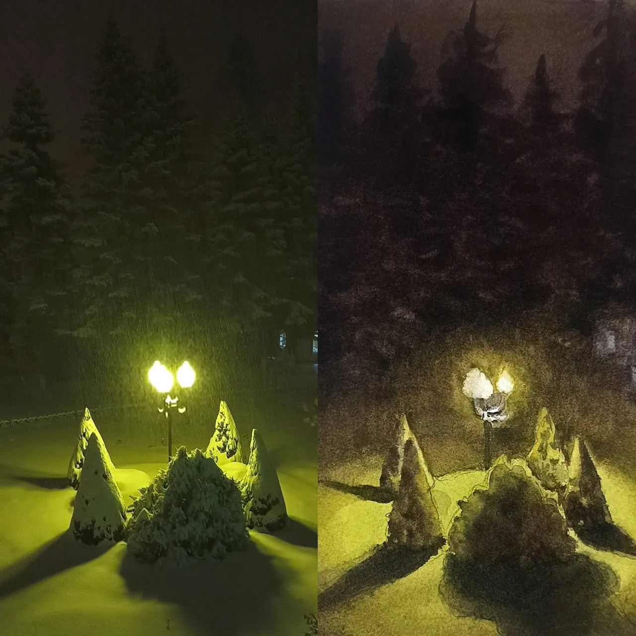Работа ученицы школы: слева фотография фонарей в заснеженном парке ночью, справа этюд по этому кадру