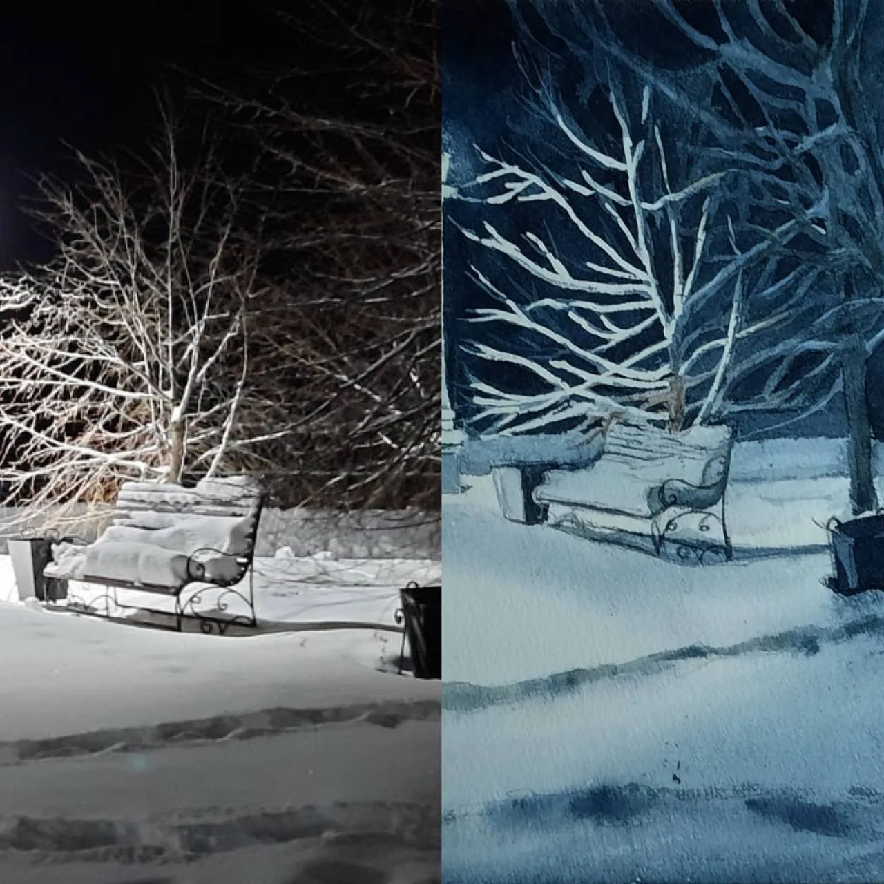 Работа ученицы школы: слева фотография заснеженной скамейки ночью, справа этюд по этому кадру