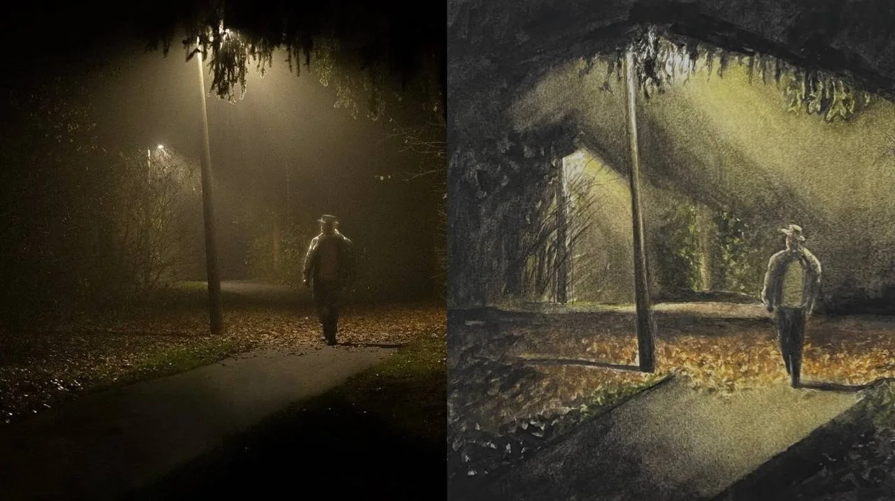 Работа ученицы школы: слева фотография ночной аллеи с фонарём, справа этюд по этому кадру