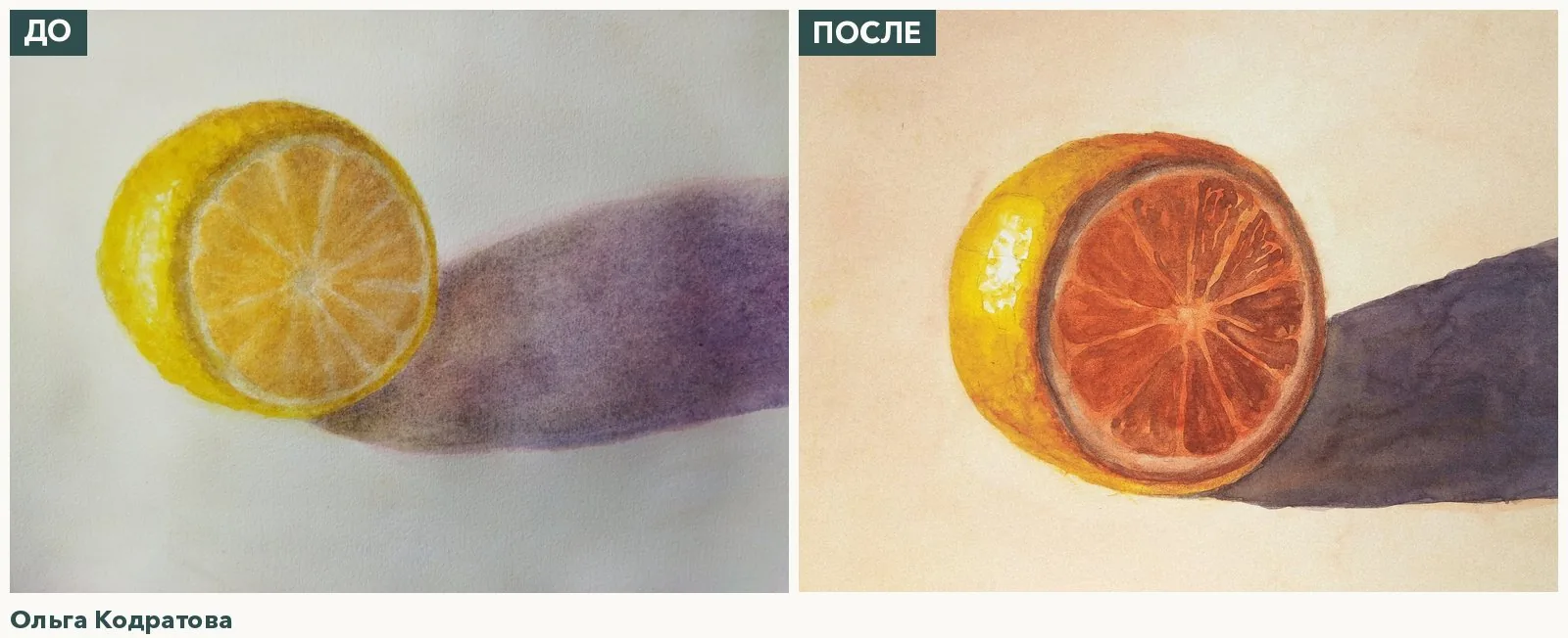 Работы ученицы школы Ольга Кодратова до и после: до: лимон в разрезе с размытой сиреневой тенью; после: тот же лимон с насыщенной мякотью и плотной тенью