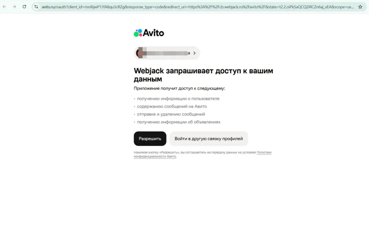 Подключение Авито: После возврата в кабинет подключение появится в списке