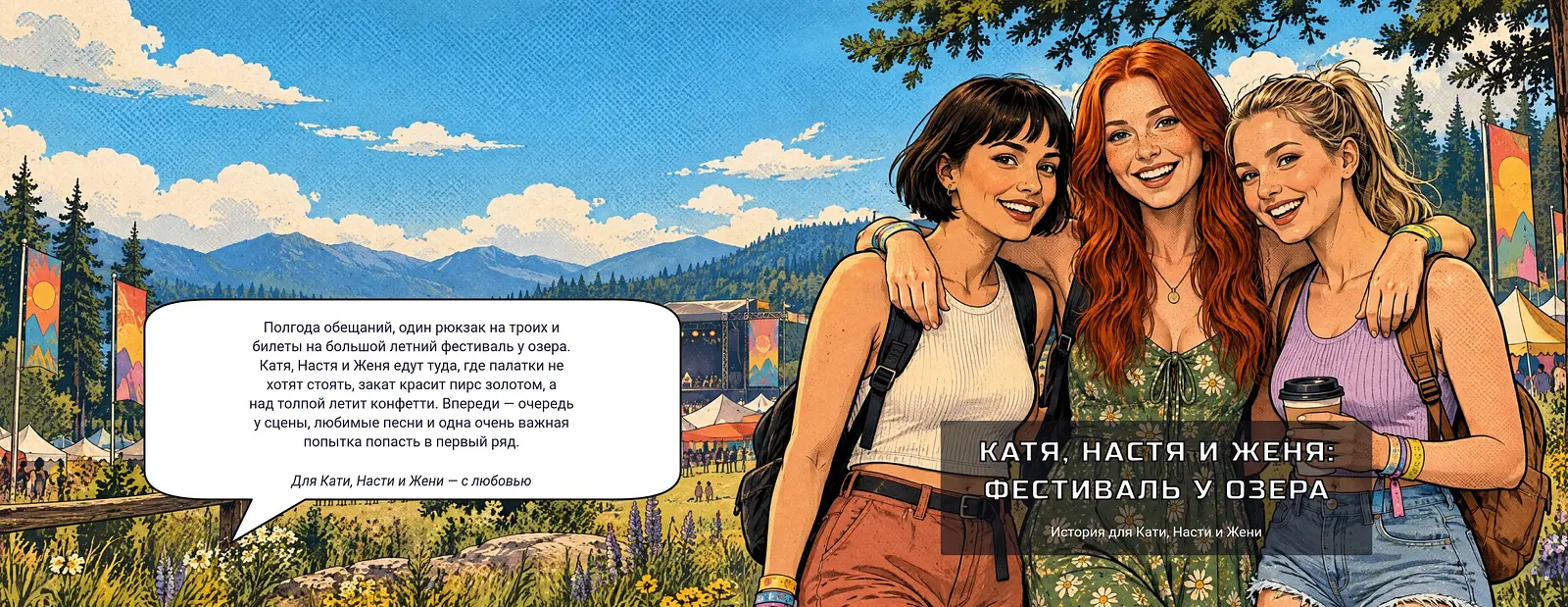 Три подруги едут на летний фестиваль у озера: палатки, браслеты, толпа у сцены, конфетти и любимая группа на бис. Яркий поп-комикс. — обложка