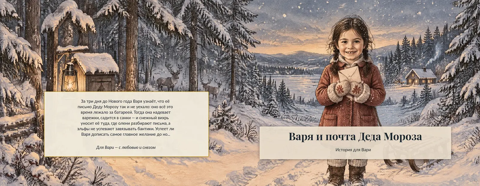 Новогодняя история для Вари: письмо Деду Морозу потерялось, и она сама отправляется на волшебную почту. Уютная книжная графика. — обложка