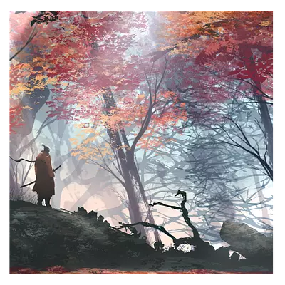 Фото на холсте рисунок самурая в лесу, размера 60x60