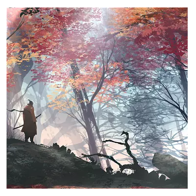 Фото на холсте рисунок самурая в лесу, размера 50x50