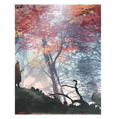 Фото на холсте рисунок самурая в лесу, размера 40x50