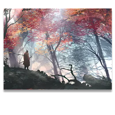 Фото на холсте рисунок самурая в лесу, размера 80x60