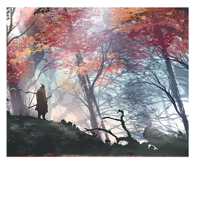 Фото на холсте рисунок самурая в лесу, размера 60x50