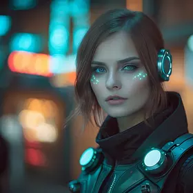 Cyberpunk art: cyborg in hologr
