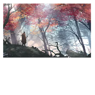 Фото на холсте рисунок самурая в лесу, размер 30х20 см.